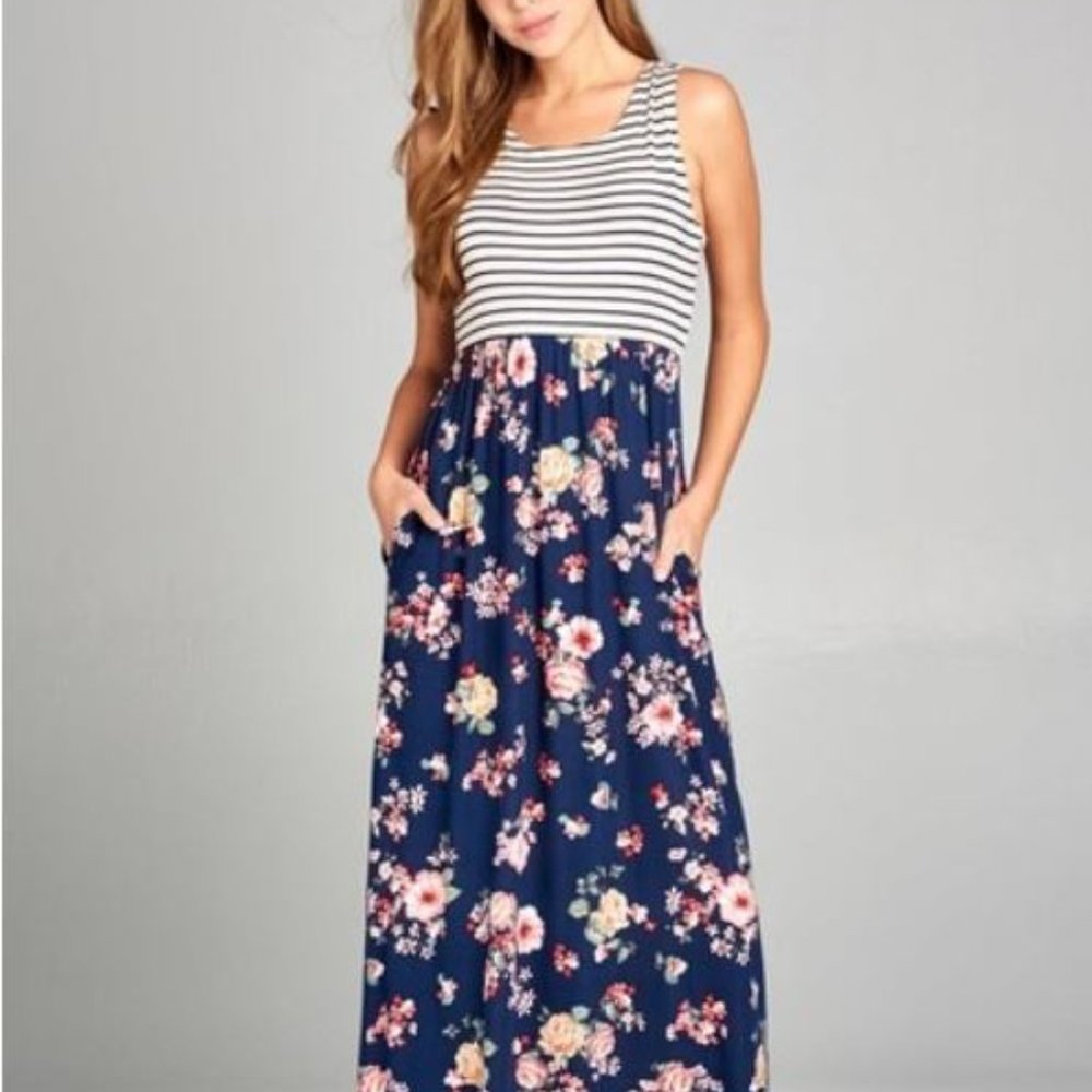 Mixed Media Floral Stripe Sleeveless Maxi Dress